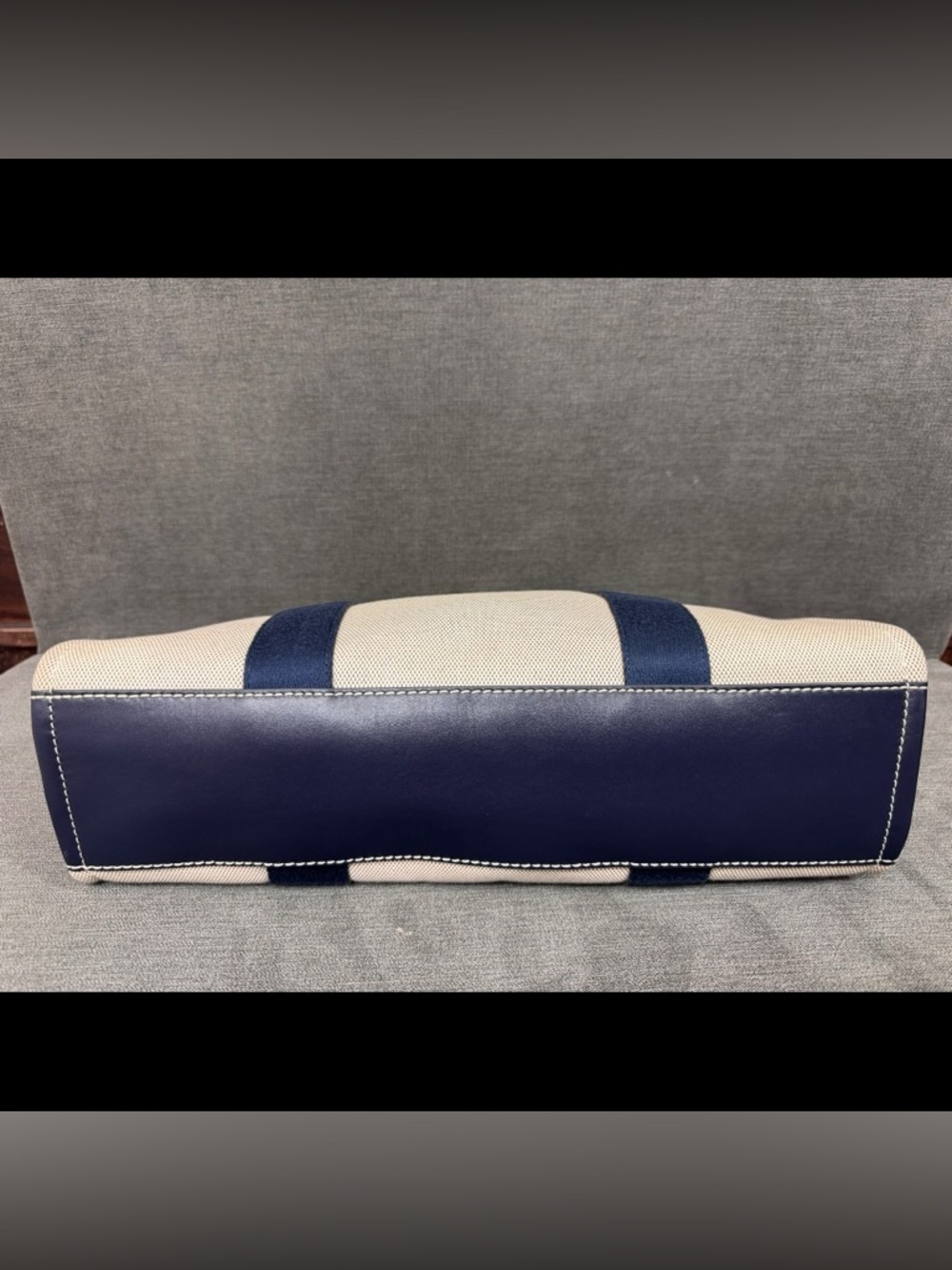 Tory Burch Tory Tote Bag Canvas Navy Stripes Leather Handles - Picture 8 of 16